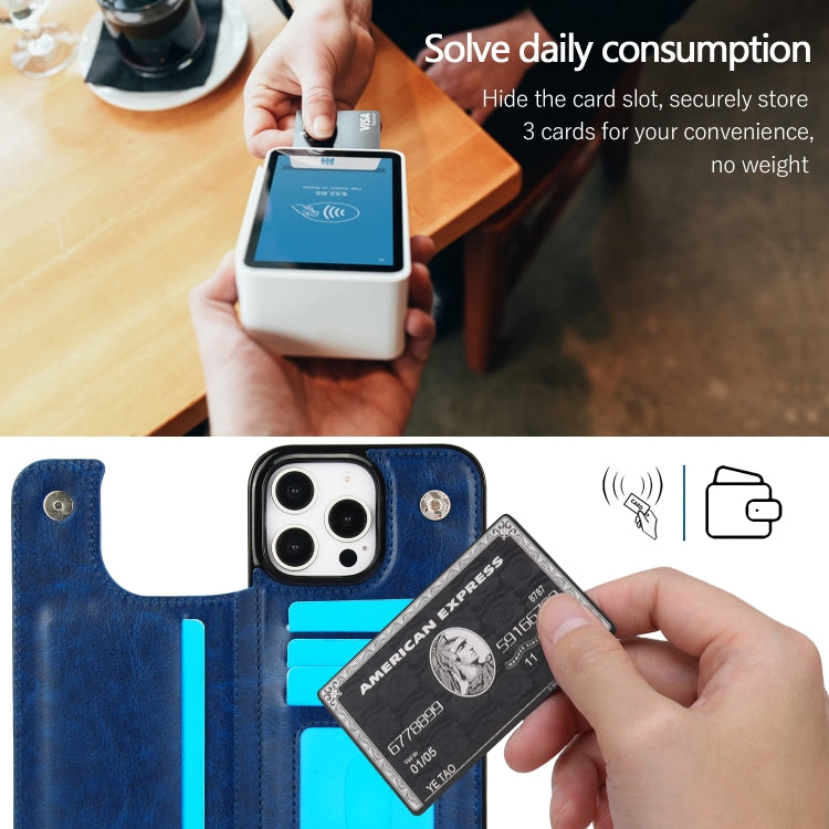For iPhone 16 Pro Double Buckle Crazy Horse Texture PU Phone Case(Blue)