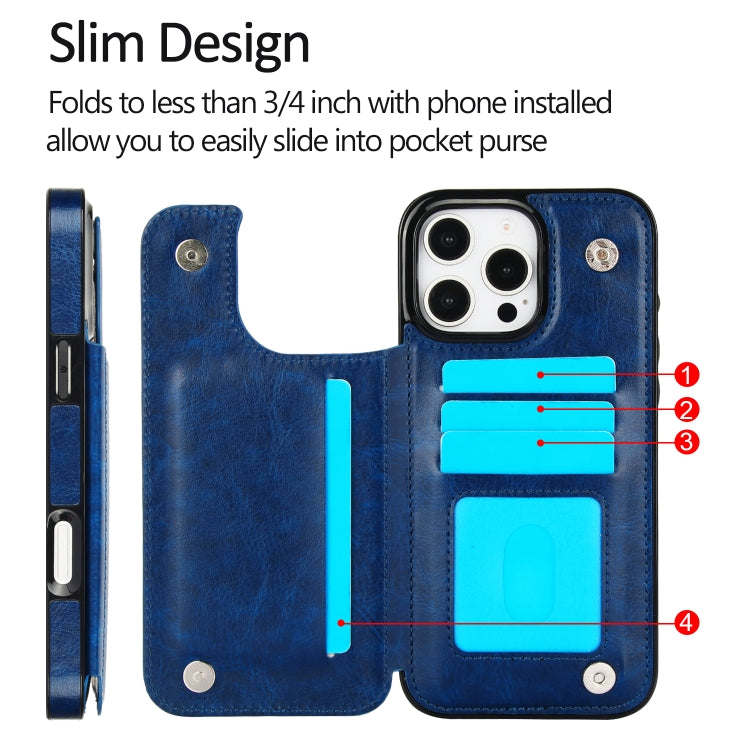 For iPhone 16 Pro Double Buckle Crazy Horse Texture PU Phone Case(Blue)