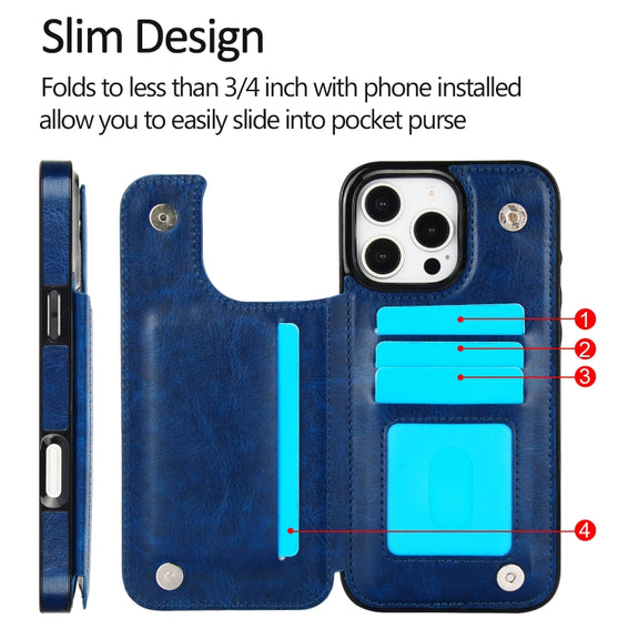 For iPhone 16 Pro Double Buckle Crazy Horse Texture PU Phone Case(Blue)