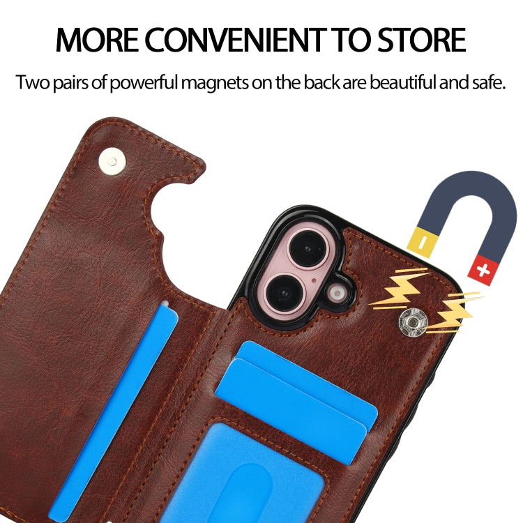 For iPhone 16 Plus Double Buckle Crazy Horse Texture PU Phone Case(Brown)