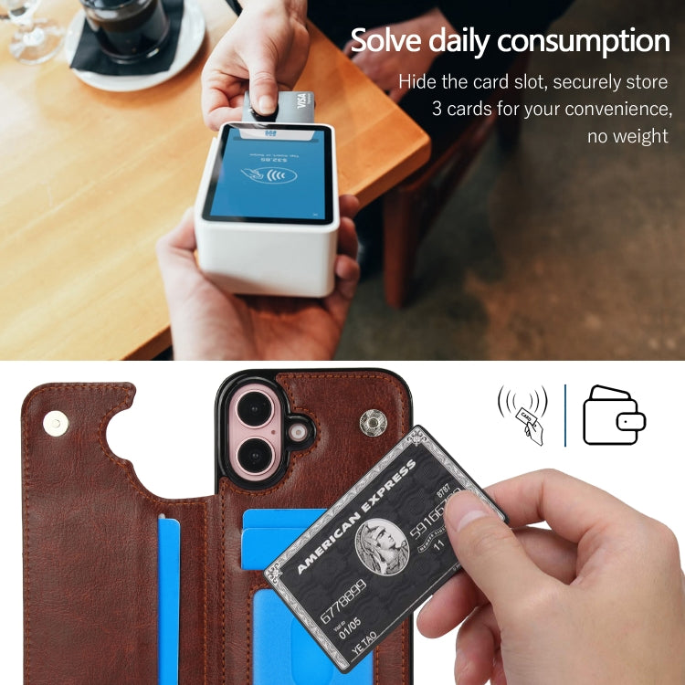 For iPhone 16 Plus Double Buckle Crazy Horse Texture PU Phone Case(Brown)