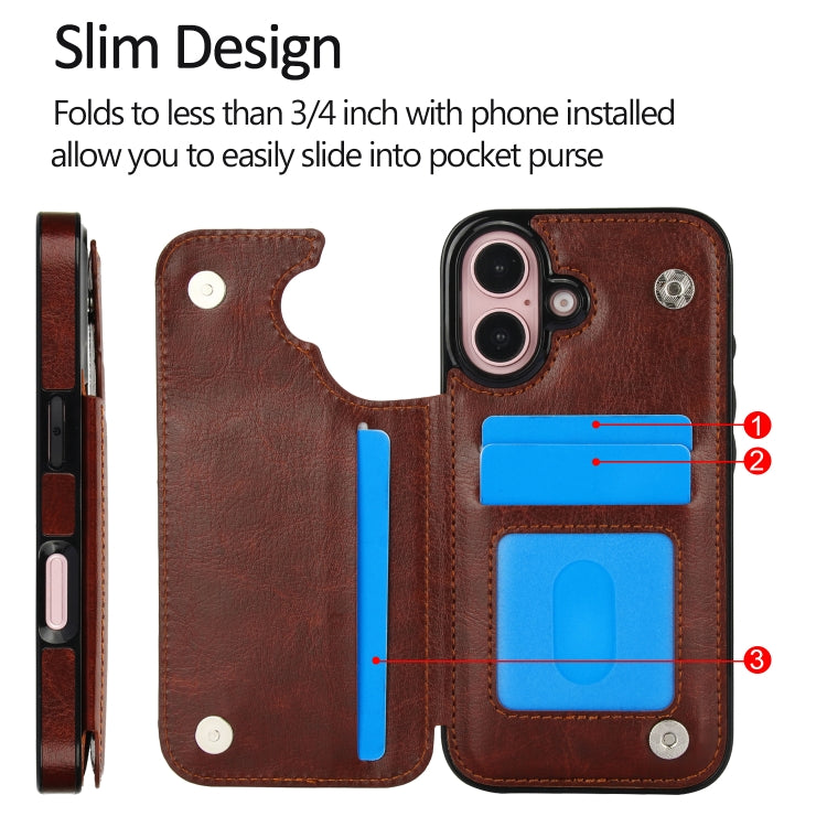 For iPhone 16 Plus Double Buckle Crazy Horse Texture PU Phone Case(Brown)
