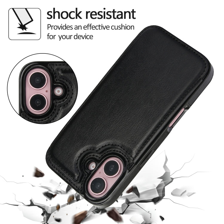 For iPhone 16 Double Buckle Crazy Horse Texture PU Phone Case(Black)