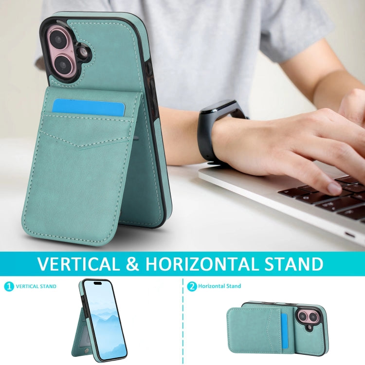 For iPhone 16 Solid Color Card Slots Bracket PU Phone Case(Mint Green)