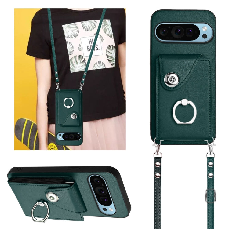 For Google Pixel 9 Pro XL Organ Card Bag Ring Holder Phone Case with Long Lanyard(Green)