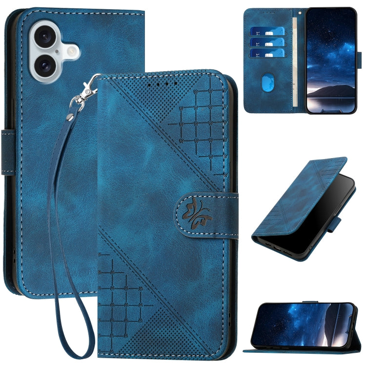 For iPhone 16 Plus YX0080 Grid Butterfly Embossed Pattern Flip Leather Phone Case with Lanyard(Dark Blue)