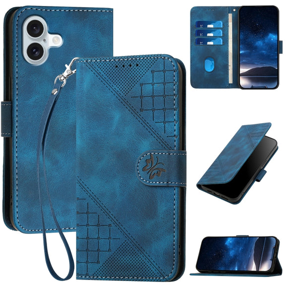 For iPhone 16 Plus YX0080 Grid Butterfly Embossed Pattern Flip Leather Phone Case with Lanyard(Dark Blue)