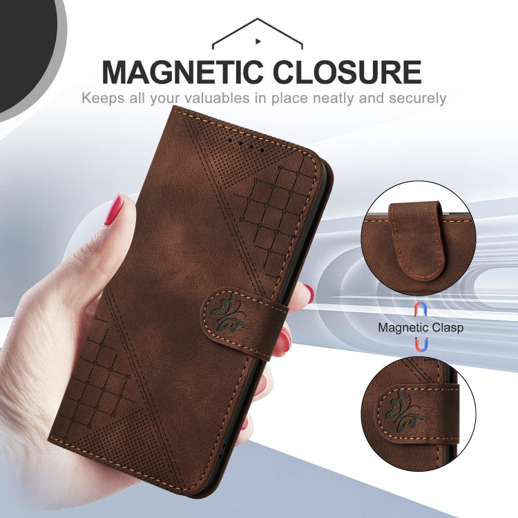 For iPhone 16e YX0080 Grid Butterfly Embossed Pattern Flip Leather Phone Case with Lanyard(Coffee)