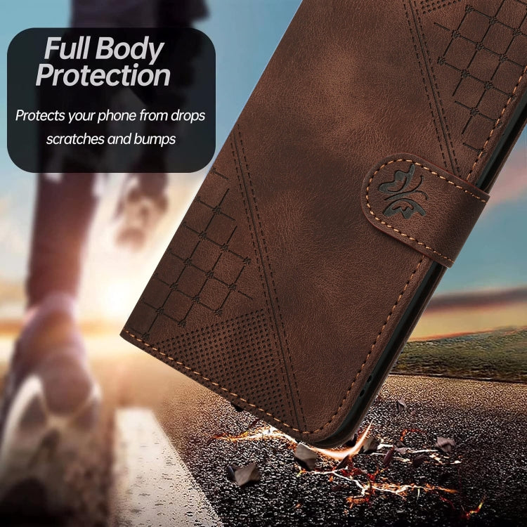 For iPhone 16e YX0080 Grid Butterfly Embossed Pattern Flip Leather Phone Case with Lanyard(Coffee)