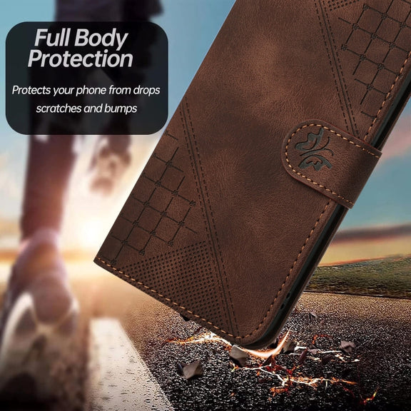 For iPhone 16e YX0080 Grid Butterfly Embossed Pattern Flip Leather Phone Case with Lanyard(Coffee)