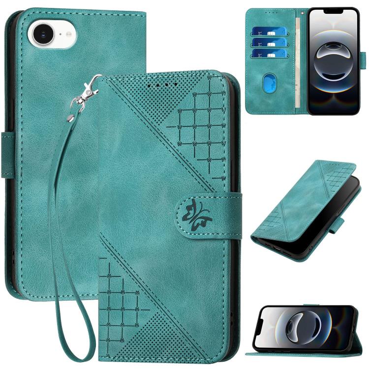 For iPhone 16e YX0080 Grid Butterfly Embossed Pattern Flip Leather Phone Case with Lanyard(Light Blue)