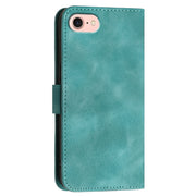 For iPhone 16e YX0080 Grid Butterfly Embossed Pattern Flip Leather Phone Case with Lanyard(Light Blue)