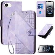 For iPhone 16e YX0080 Grid Butterfly Embossed Pattern Flip Leather Phone Case with Lanyard(Light Purple)