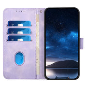 For iPhone 16e YX0080 Grid Butterfly Embossed Pattern Flip Leather Phone Case with Lanyard(Light Purple)