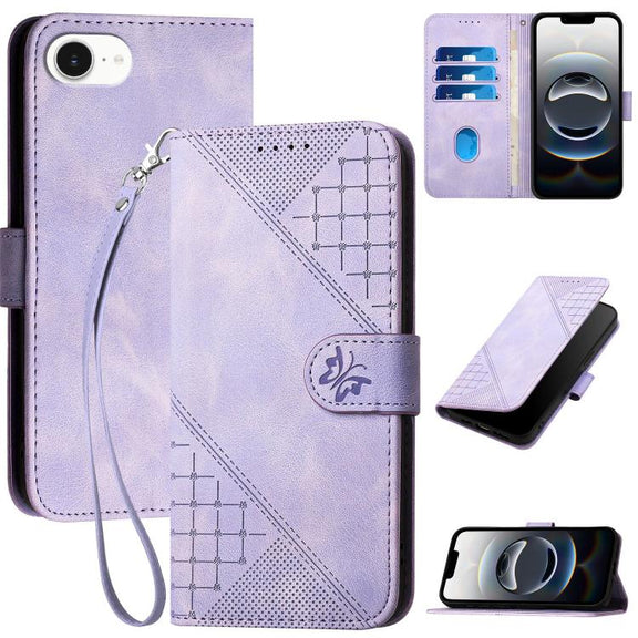 For iPhone 16e YX0080 Grid Butterfly Embossed Pattern Flip Leather Phone Case with Lanyard(Light Purple)
