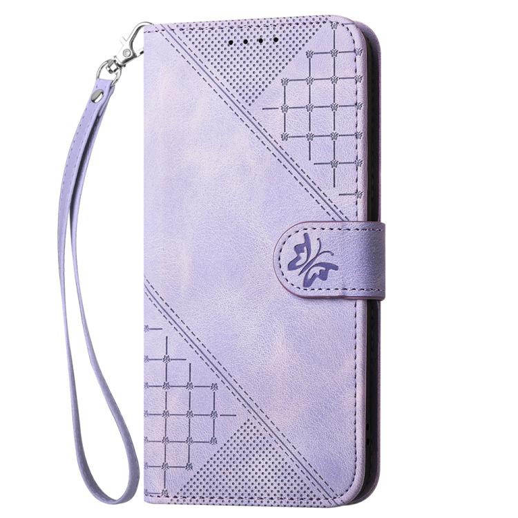 For iPhone 17 YX0080 Grid Butterfly Embossed Pattern Flip Leather Phone Case with Lanyard(Light Purple)