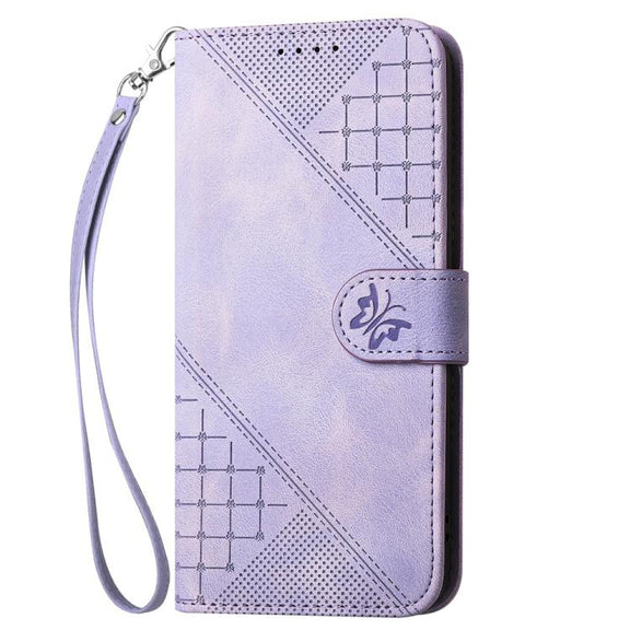 For iPhone 17 YX0080 Grid Butterfly Embossed Pattern Flip Leather Phone Case with Lanyard(Light Purple)