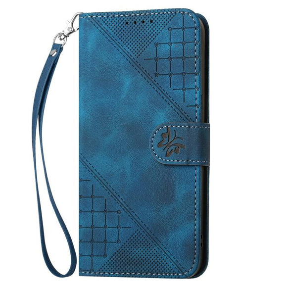 For iPhone 17 Pro Max YX0080 Grid Butterfly Embossed Pattern Flip Leather Phone Case with Lanyard(Dark Blue)
