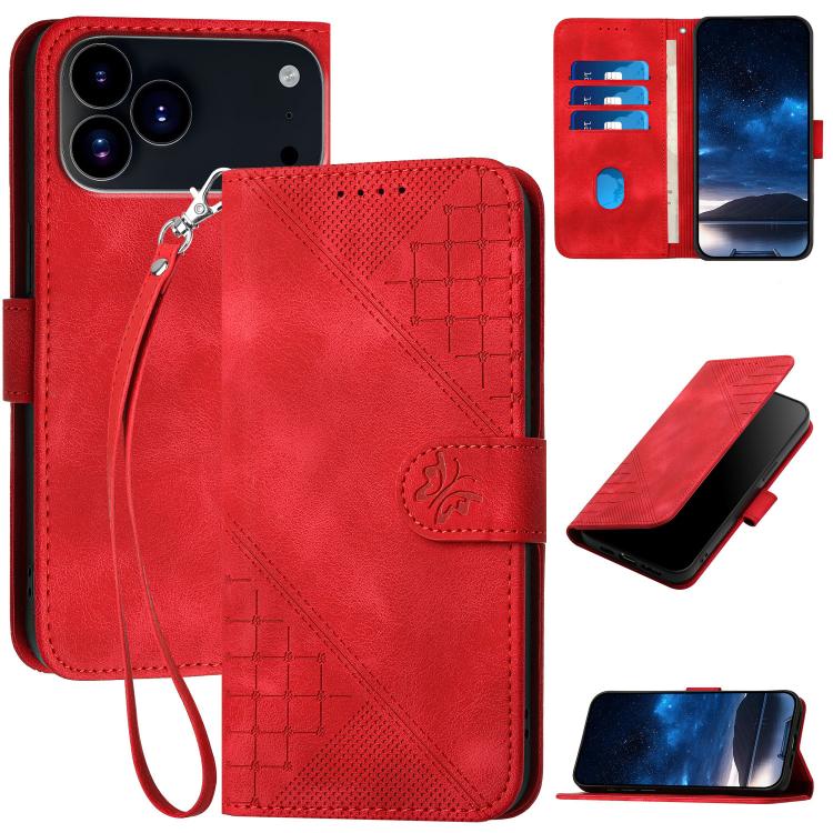 For iPhone 17 Pro Max YX0080 Grid Butterfly Embossed Pattern Flip Leather Phone Case with Lanyard(Red)