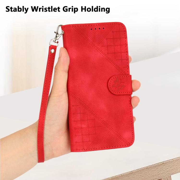 For iPhone 17 Pro Max YX0080 Grid Butterfly Embossed Pattern Flip Leather Phone Case with Lanyard(Red)