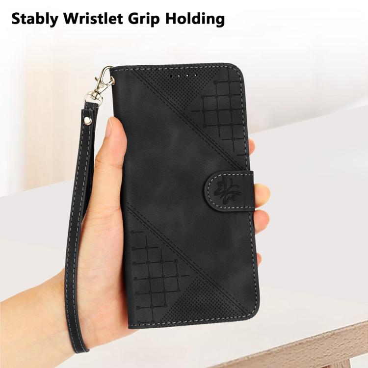 For iPhone 17 Pro Max YX0080 Grid Butterfly Embossed Pattern Flip Leather Phone Case with Lanyard(Black)