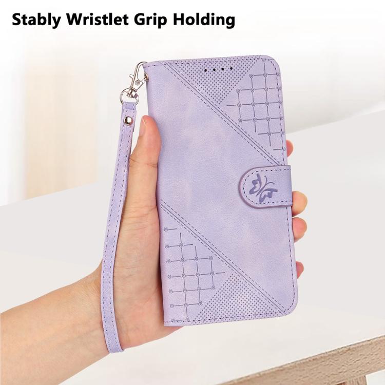 For iPhone 17 Pro Max YX0080 Grid Butterfly Embossed Pattern Flip Leather Phone Case with Lanyard(Light Purple)