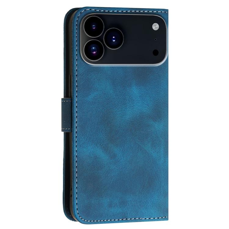 For iPhone 17 Pro YX0080 Grid Butterfly Embossed Pattern Flip Leather Phone Case with Lanyard(Dark Blue)