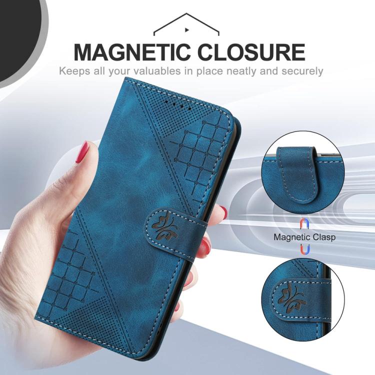 For iPhone 17 Pro YX0080 Grid Butterfly Embossed Pattern Flip Leather Phone Case with Lanyard(Dark Blue)