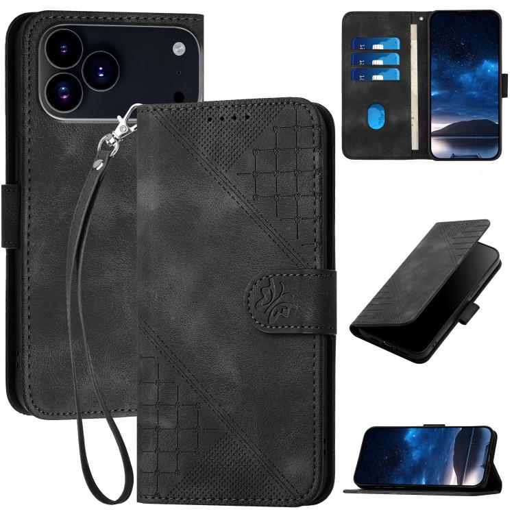 For iPhone 17 Pro YX0080 Grid Butterfly Embossed Pattern Flip Leather Phone Case with Lanyard(Black)