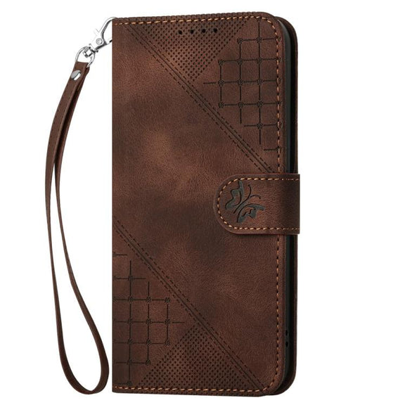 For iPhone 17 Pro YX0080 Grid Butterfly Embossed Pattern Flip Leather Phone Case with Lanyard(Coffee)
