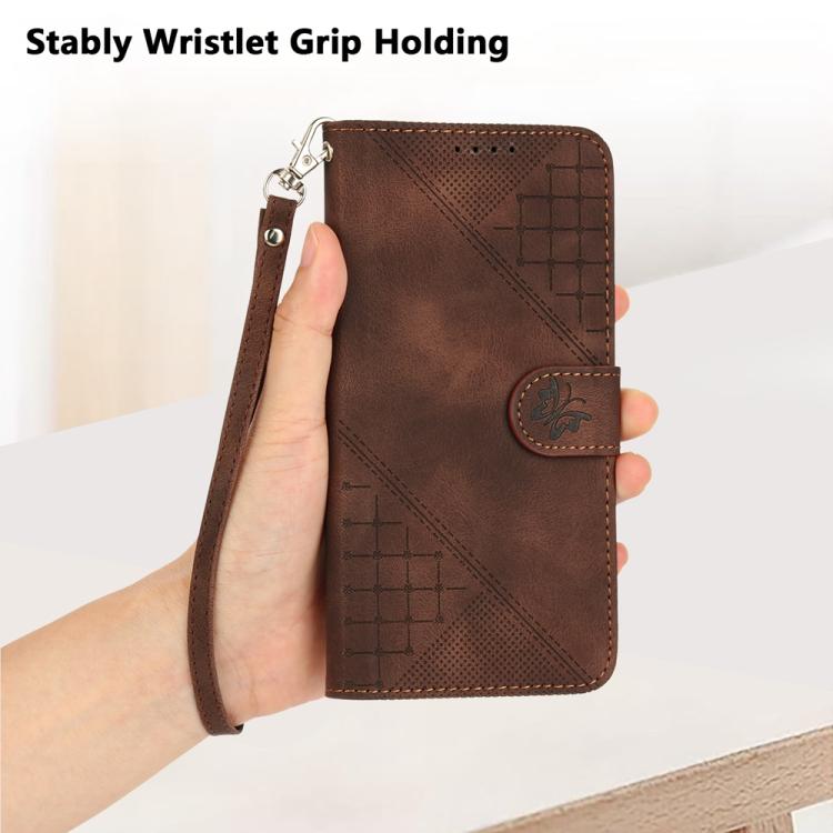 For iPhone 17 Pro YX0080 Grid Butterfly Embossed Pattern Flip Leather Phone Case with Lanyard(Coffee)