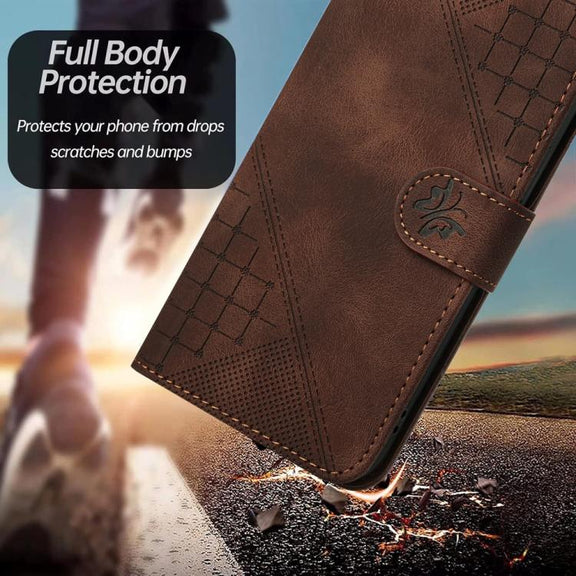 For iPhone 17 Pro YX0080 Grid Butterfly Embossed Pattern Flip Leather Phone Case with Lanyard(Coffee)