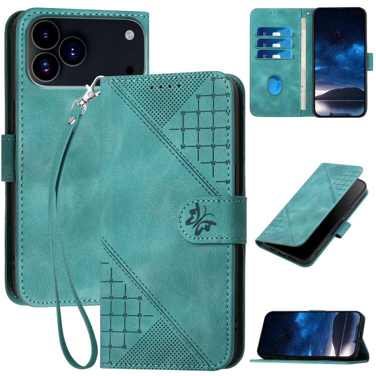 For iPhone 17 Pro YX0080 Grid Butterfly Embossed Pattern Flip Leather Phone Case with Lanyard(Light Blue)