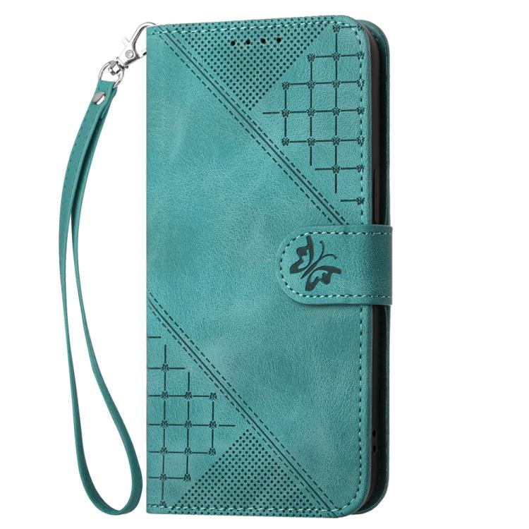For iPhone 17 Pro YX0080 Grid Butterfly Embossed Pattern Flip Leather Phone Case with Lanyard(Light Blue)