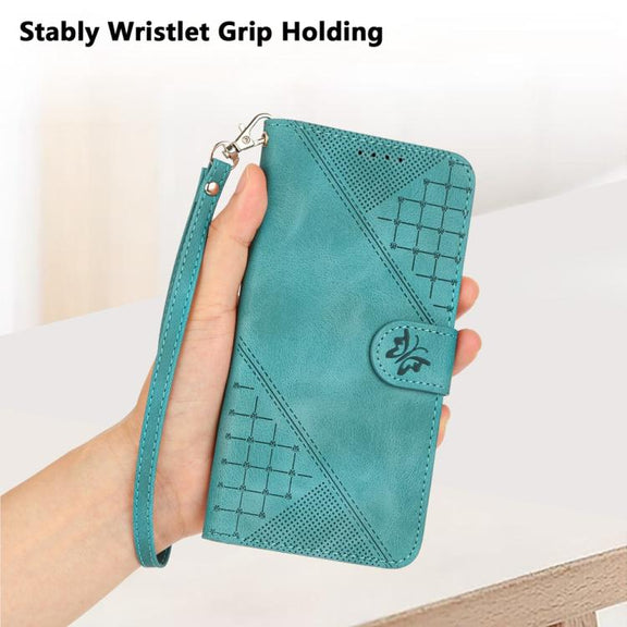 For iPhone 17 Pro YX0080 Grid Butterfly Embossed Pattern Flip Leather Phone Case with Lanyard(Light Blue)