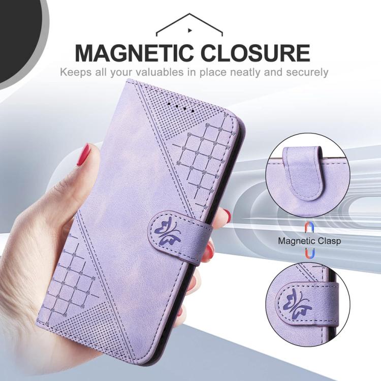 For iPhone 17 Pro YX0080 Grid Butterfly Embossed Pattern Flip Leather Phone Case with Lanyard(Light Purple)