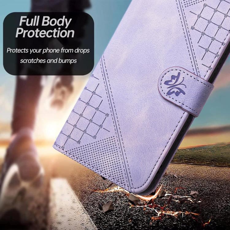 For iPhone 17 Pro YX0080 Grid Butterfly Embossed Pattern Flip Leather Phone Case with Lanyard(Light Purple)