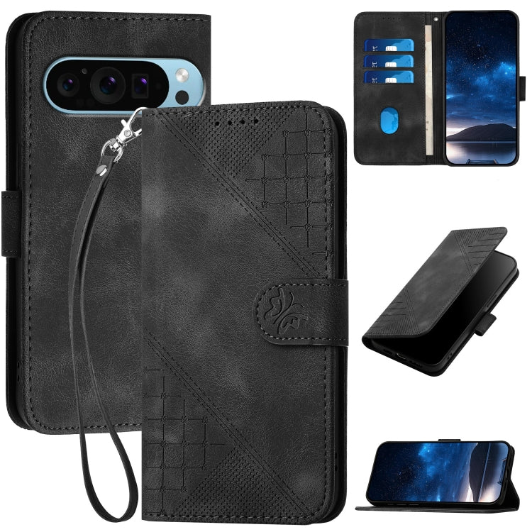 For Google Pixel 9 / 9 Pro Grid Butterfly Embossed Pattern Leather Phone Case with Lanyard(Black)