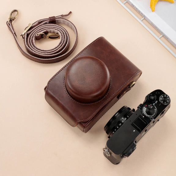 For FUJIFILM X100VI Full Body Leather Camera Case Bag with Strap(Coffee)