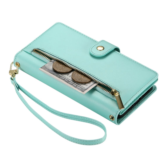 For iPhone 16 Nine Card-slot Zipper Wallet Bag Leather Phone Case(Mint Green)