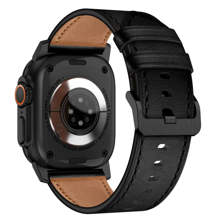 For Apple Watch Ultra 2 49mm Wilderness Top-grain Leather Watch Band(Black Connector Black)