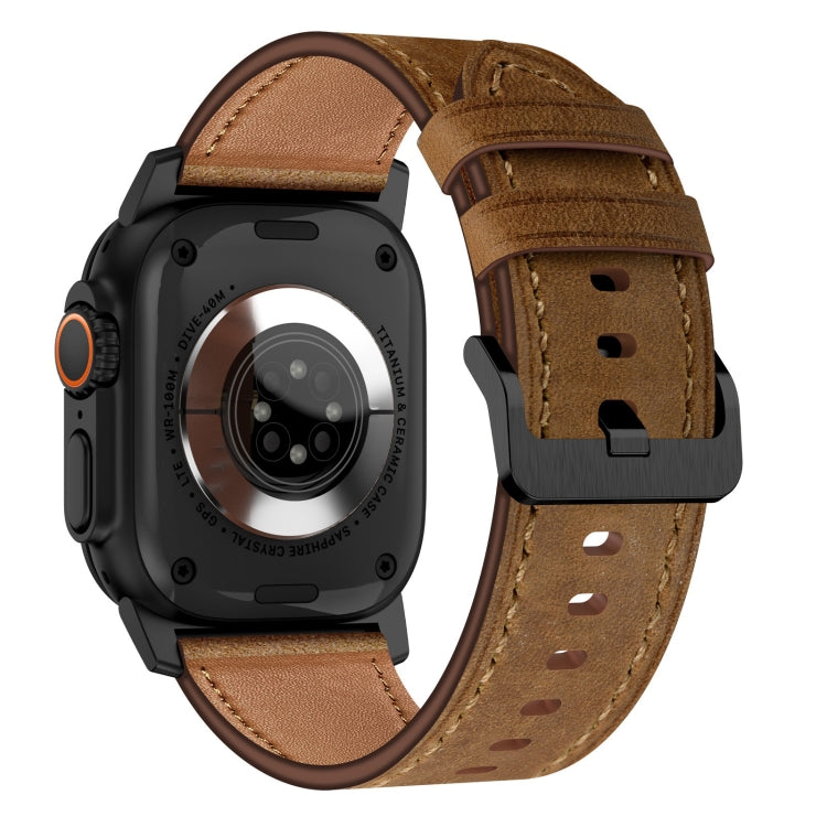 For Apple Watch Ultra 2 49mm Wilderness Top-grain Leather Watch Band(Black Connector Dark Brown)