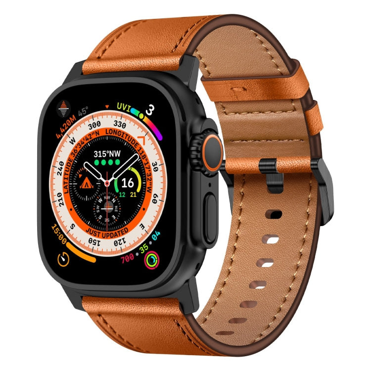 For Apple Watch Ultra 2 49mm Wilderness Top-grain Leather Watch Band(Black Connector Brown)