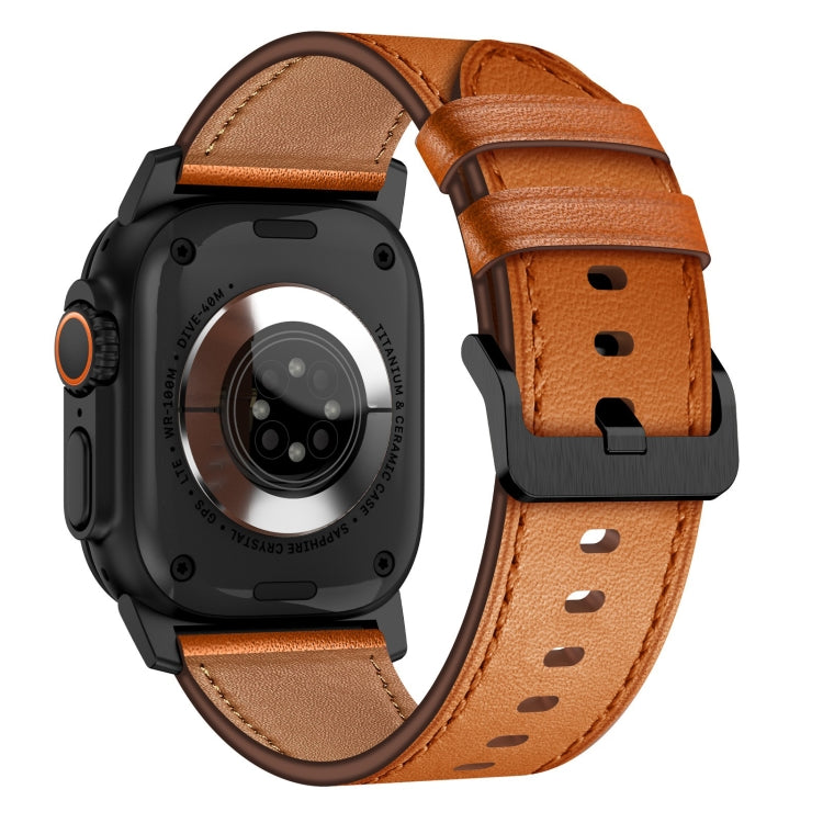For Apple Watch Ultra 2 49mm Wilderness Top-grain Leather Watch Band(Black Connector Brown)