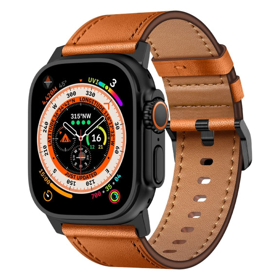 For Apple Watch Ultra 2 49mm Wilderness Top-grain Leather Watch Band(Black Connector Brown)