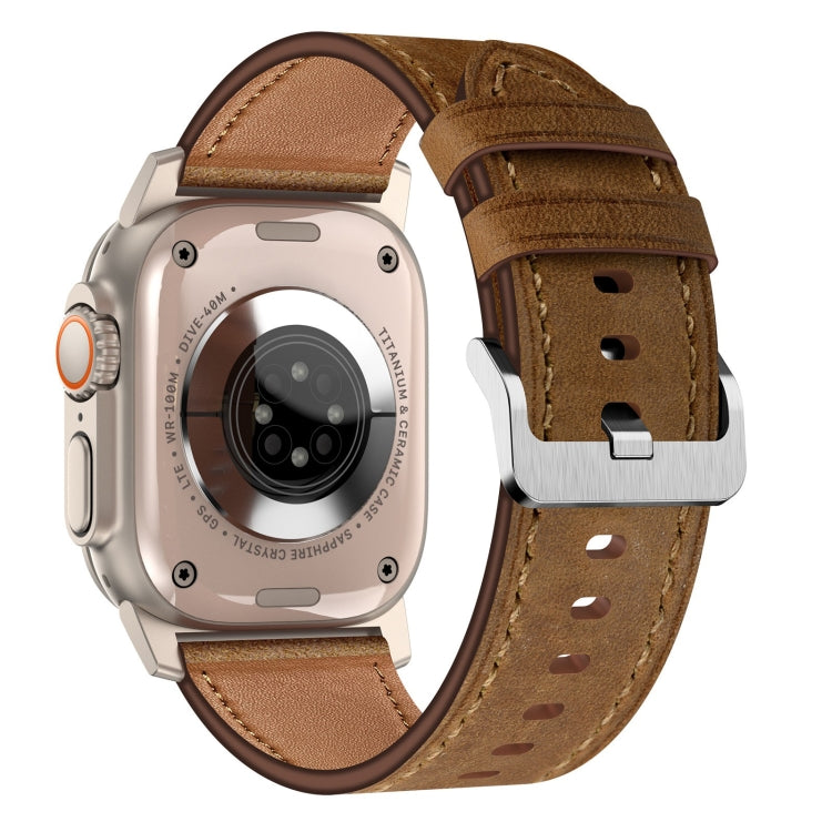 For Apple Watch Ultra 49mm Wilderness Top-grain Leather Watch Band(Titanium Connector Dark Brown)