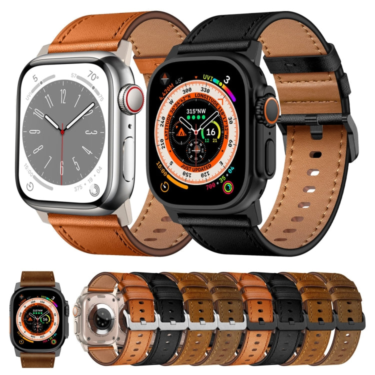 For Apple Watch Ultra 49mm Wilderness Top-grain Leather Watch Band(Titanium Connector Red Brown)