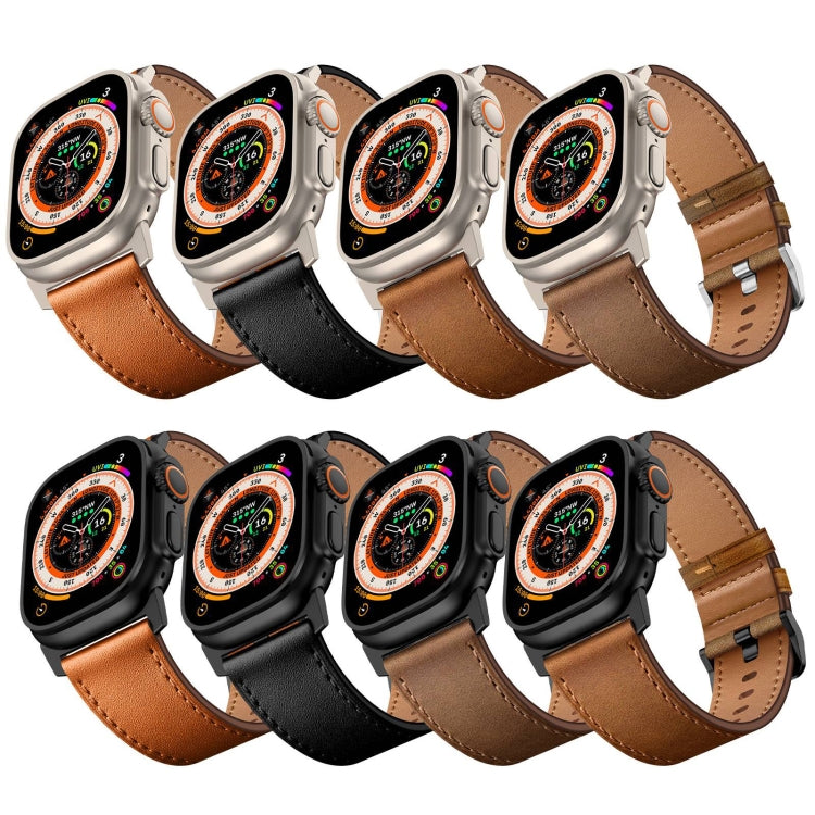 For Apple Watch Ultra 2 49mm Wilderness Top-grain Leather Watch Band(Black Connector Black)