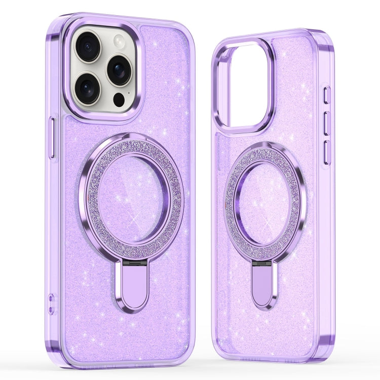 For iPhone 16 Pro Glitter Ring Holder MagSafe Phone Case(Purple)