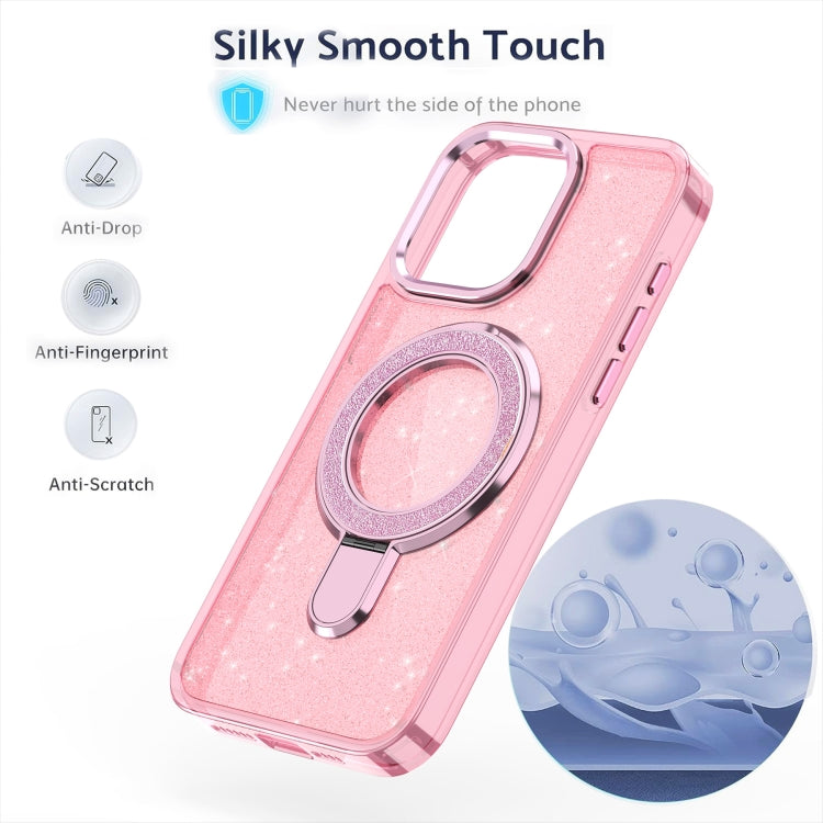 For iPhone 16 Pro Max Glitter Ring Holder MagSafe Phone Case(Pink)